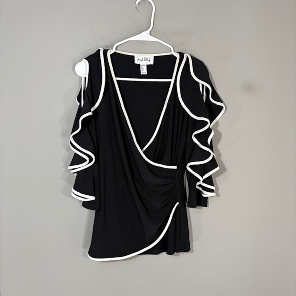 Joseph Ribkoff Blouse Womens 8 Black Ruffle V Neck 3/4 Sleeve Stretch Tunic Top